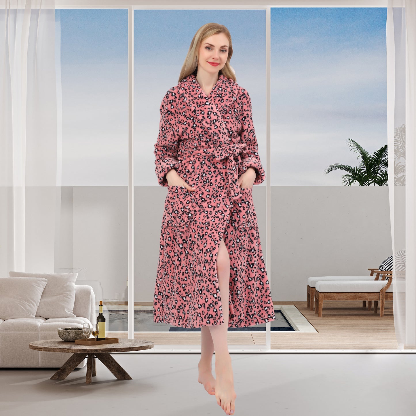 Women's Allover Print Shaggy Fleece Robe Warm Plush Long Bathrobe for Women shawl collar nightgown