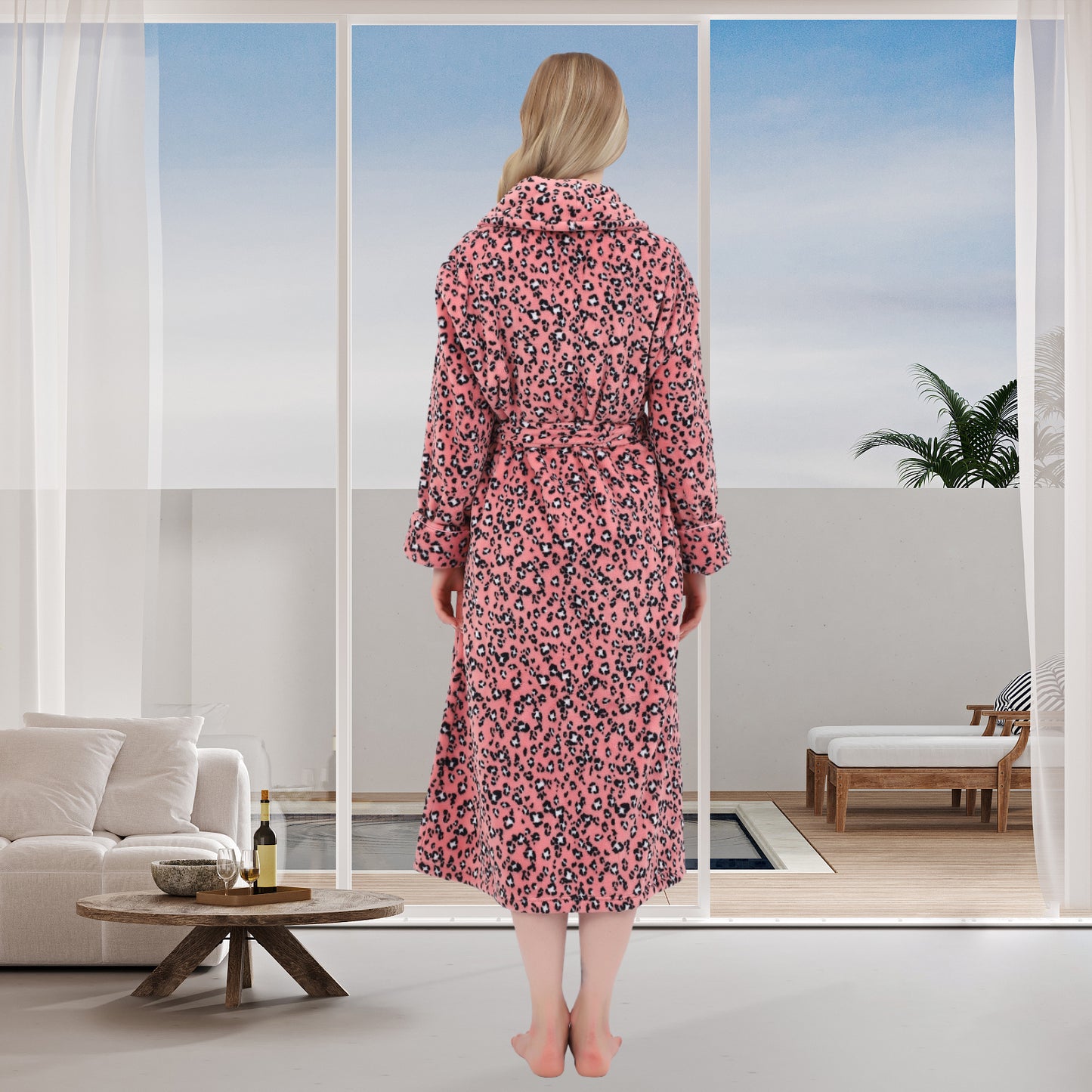 Women's Allover Print Shaggy Fleece Robe Warm Plush Long Bathrobe for Women shawl collar nightgown