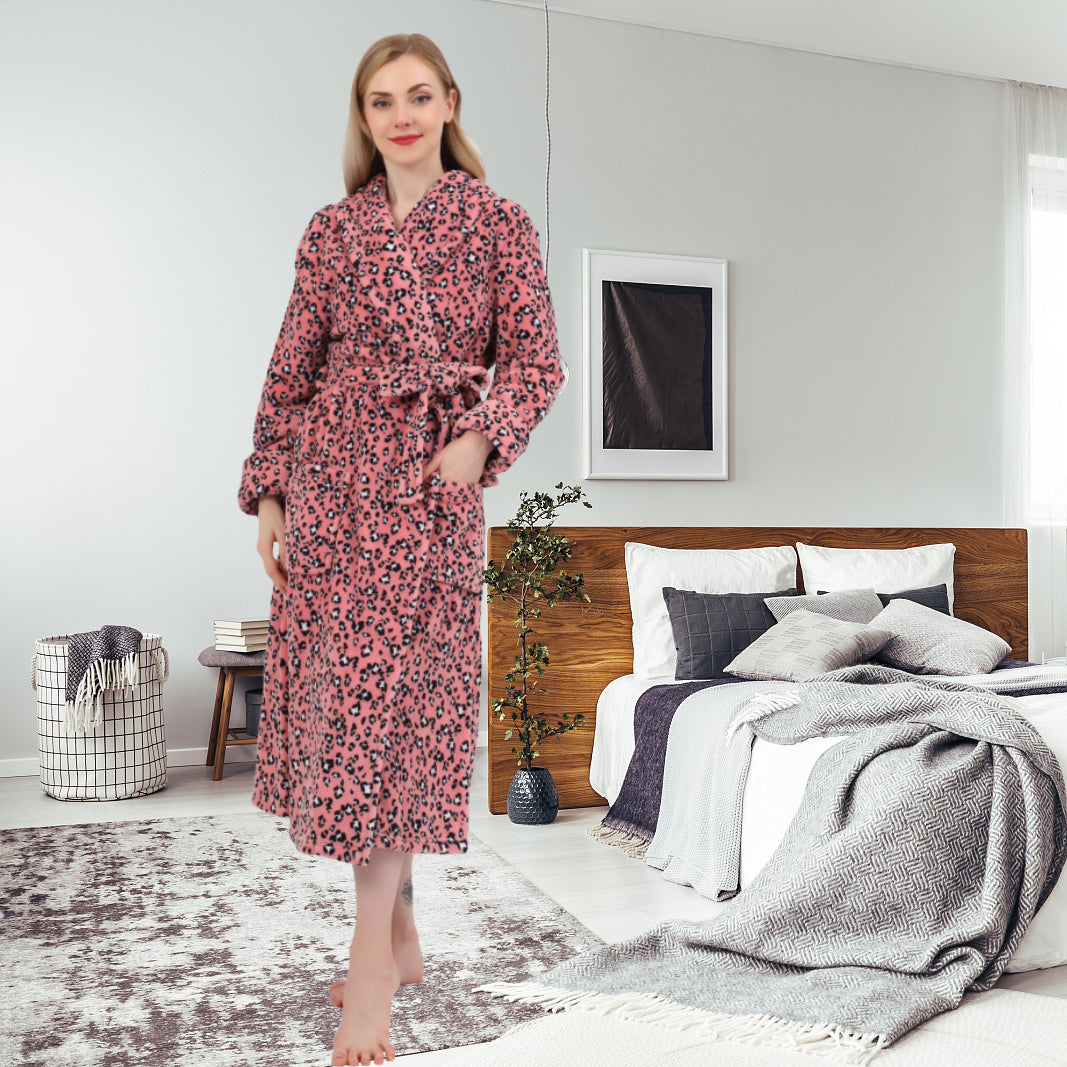 Women's Allover Print Shaggy Fleece Robe Warm Plush Long Bathrobe for Women shawl collar nightgown