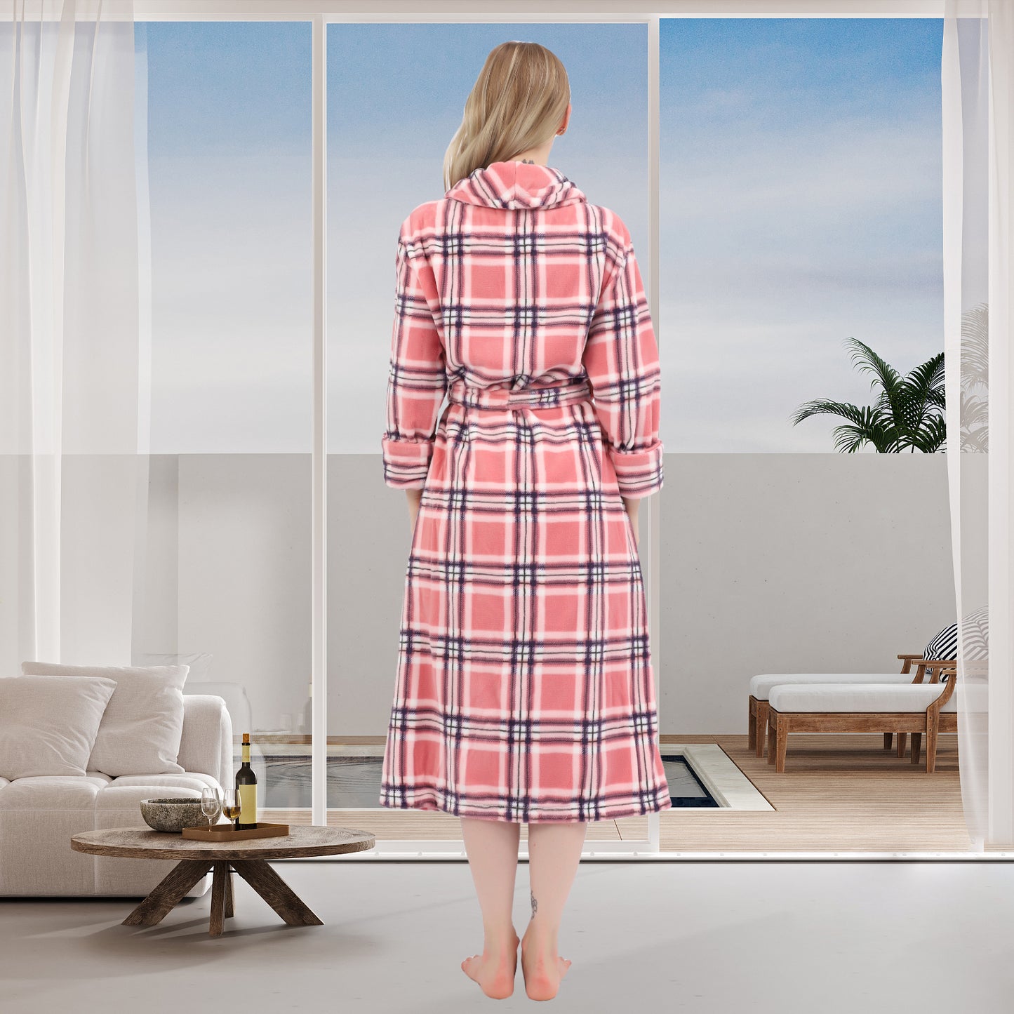 Women's Allover Print Shaggy Fleece Robe Warm Plush Long Bathrobe for Women shawl collar nightgown