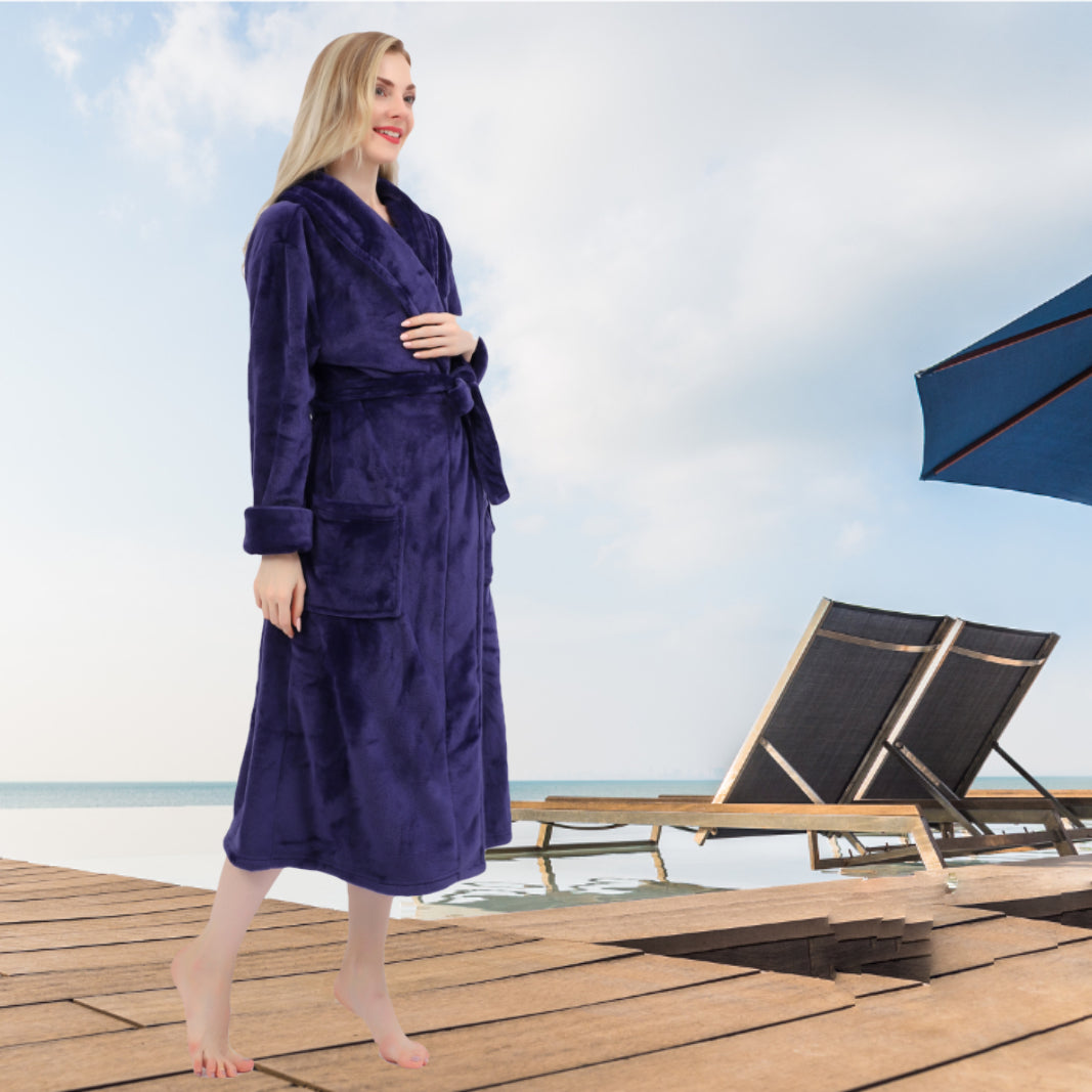 Women's Shaggy Fleece Robe Warm Plush Long Bathrobe for Women shawl collar nightgown with Pockets