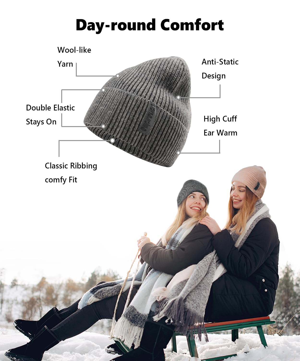 Wool-Like Cuff Beanie, Thick Thermal Knit Warm Winter Hats,Soft Stretch Outdoor Cap