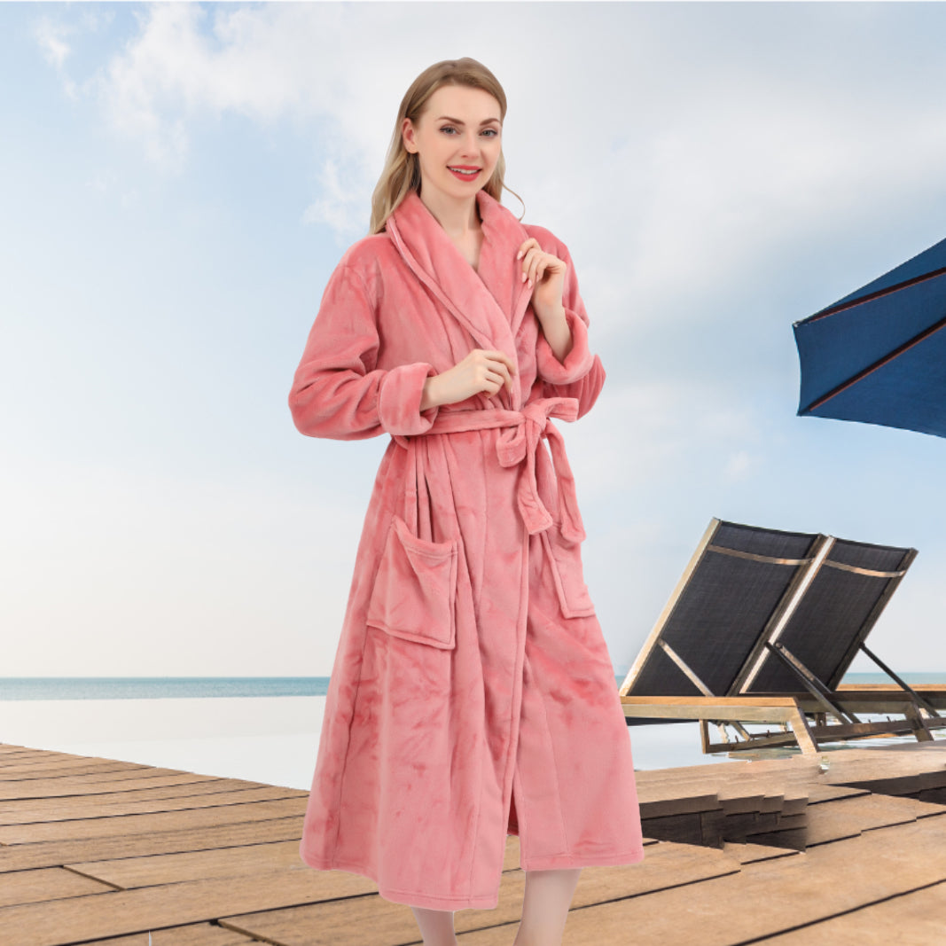 Women's Shaggy Fleece Robe Warm Plush Long Bathrobe for Women shawl collar nightgown with Pockets