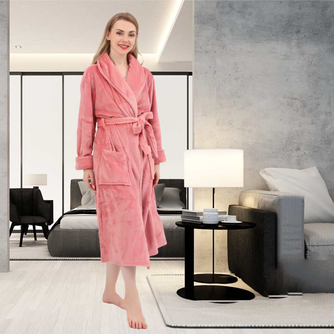 Women's Shaggy Fleece Robe Warm Plush Long Bathrobe for Women shawl collar nightgown with Pockets