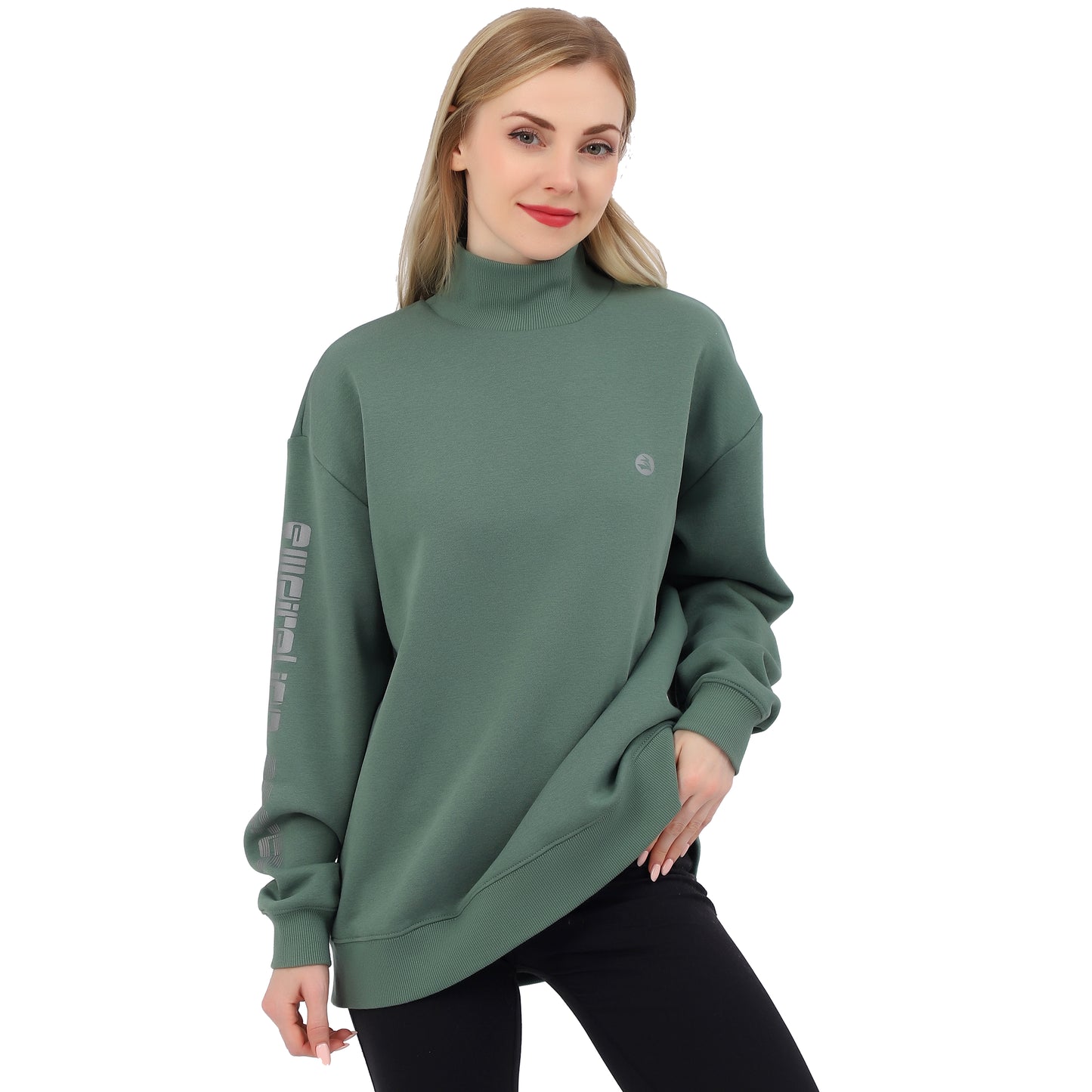 Women Turtleneck Over Shoulder Refective Print Casual Sports Sweatshirt Tops