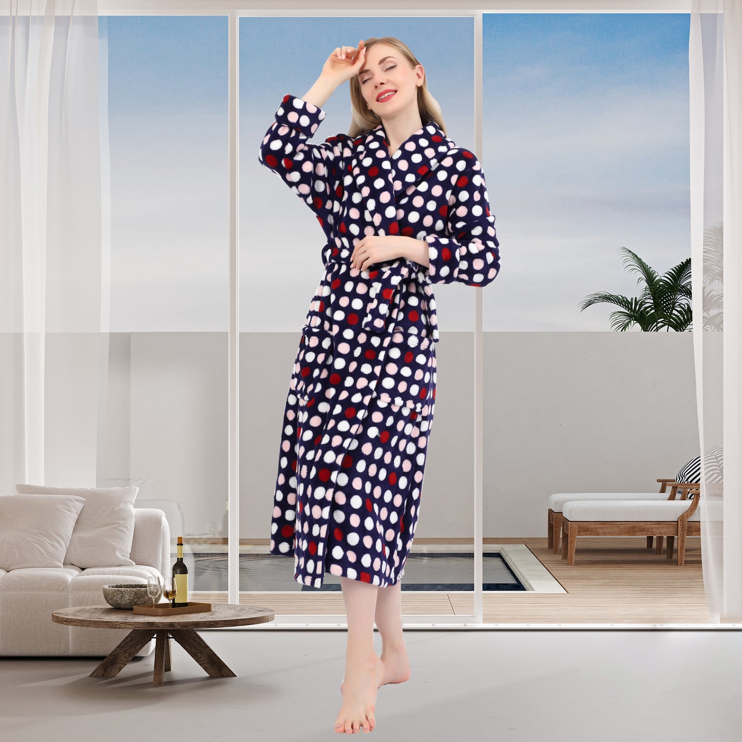 Women's Allover Print Shaggy Fleece Robe Warm Plush Long Bathrobe for Women shawl collar nightgown