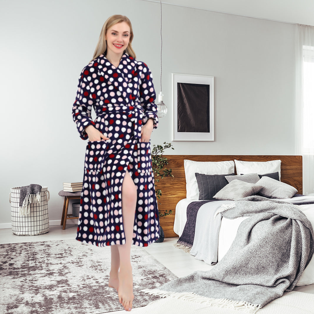 Women's Allover Print Shaggy Fleece Robe Warm Plush Long Bathrobe for Women shawl collar nightgown