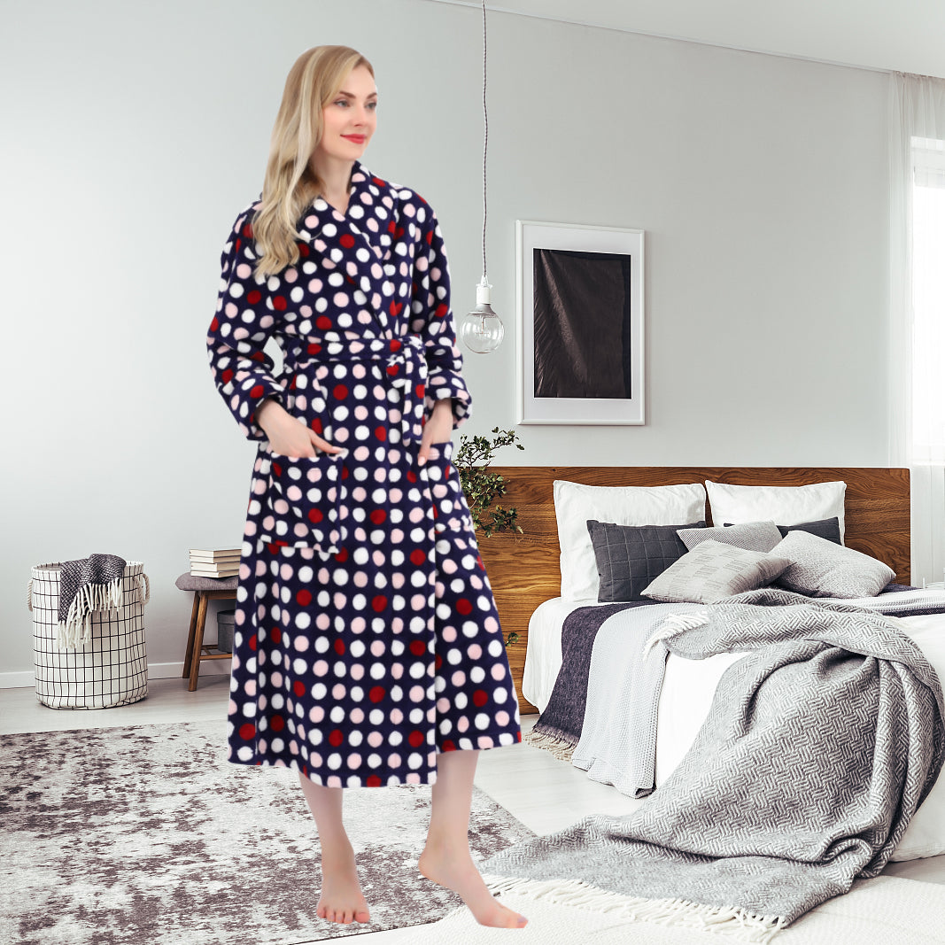 Women's Allover Print Shaggy Fleece Robe Warm Plush Long Bathrobe for Women shawl collar nightgown