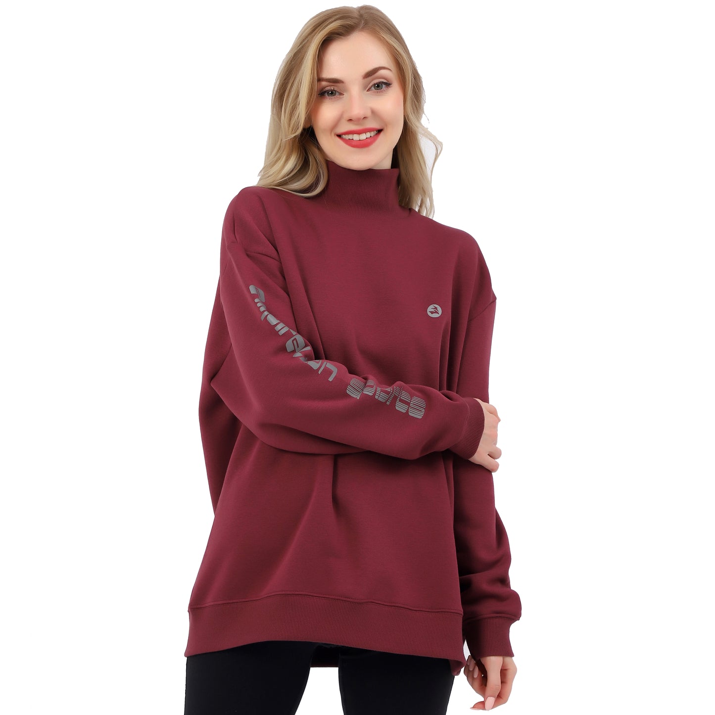 Women Turtleneck Over Shoulder Refective Print Casual Sports Sweatshirt Tops