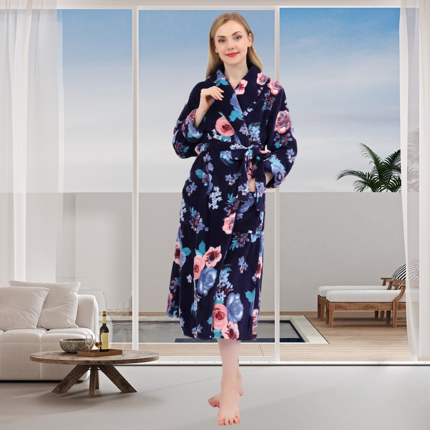 Women's Allover Print Shaggy Fleece Robe Warm Plush Long Bathrobe for Women shawl collar nightgown