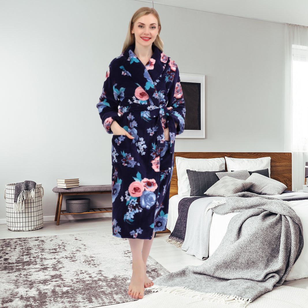 Women's Allover Print Shaggy Fleece Robe Warm Plush Long Bathrobe for Women shawl collar nightgown