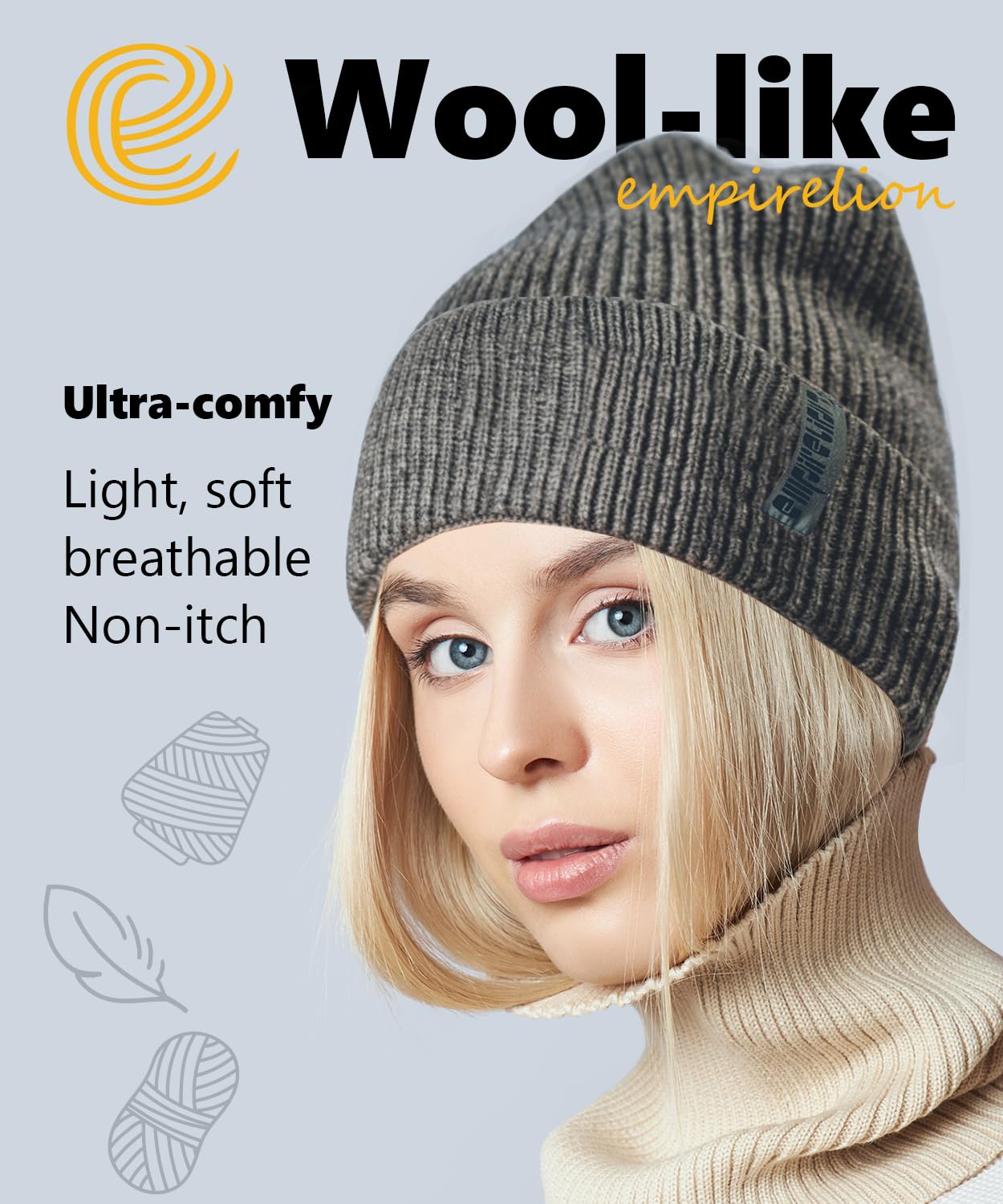 Wool-Like Cuff Beanie, Thick Thermal Knit Warm Winter Hats,Soft Stretch Outdoor Cap