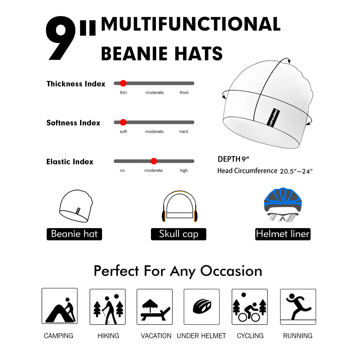 9" Multifunctional Lightweight Beanies Hats Snug Fitting, Running Skull Cap Helmet Liner Sleep Caps